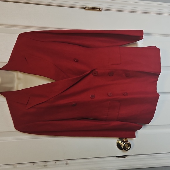VINTAGE 90S Linen Double Breasted Boss Lady Red Long Line Blazer Small - Picture 11 of 13